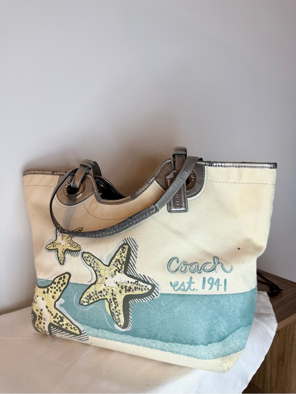 Coach (2012) Audrey Starfish Canvas Leather Tote Bag- Tan/Blue